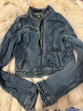 Dolce & Gabanna Cropped Denim Moto Jacket w/ Clover Key Charms (Read Dscriptn!)
